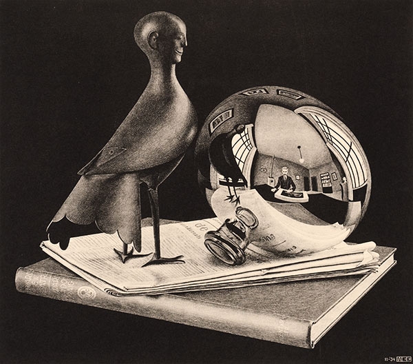 M.C. Escher -- Still Life with Spherical Mirror - 1934 - www.mcescher.com