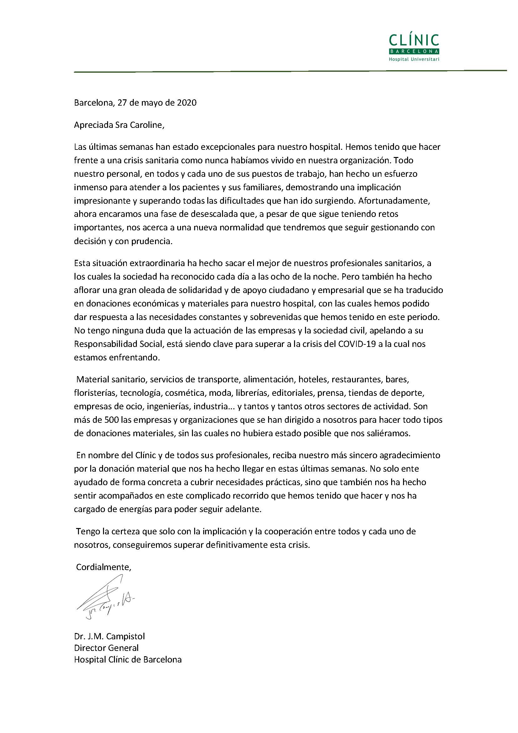 Agradecimiento Hospital Clinic