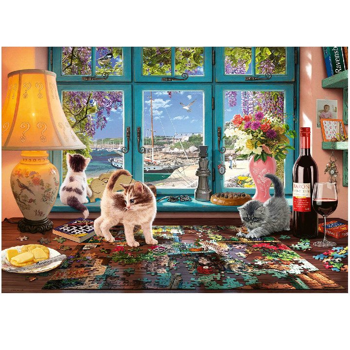 Gatos montando puzzle