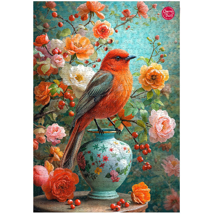 Jarron con flores y pajaro